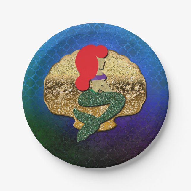 Red Haired Mermaid Golden Seashell Birthday Party Paper Plates (Front)