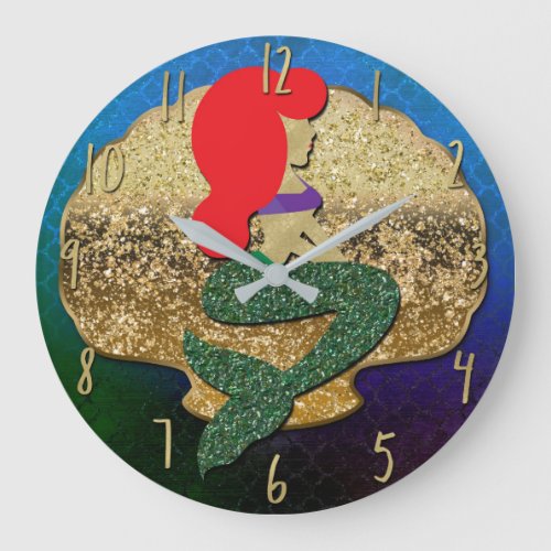 Red Haired Mermaid Golden Seashell Large Clock
