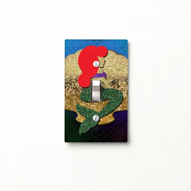 Red Haired Mermaid Golden Seashell Light Switch Cover (In Situ)