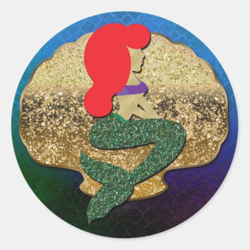 Red Haired Mermaid Golden Seashell Party Favor Classic Round Sticker