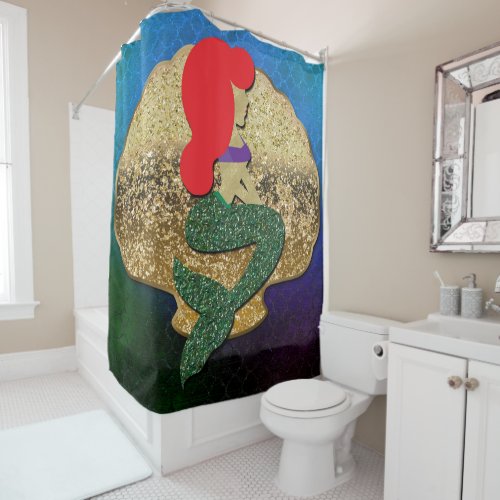 Red Haired Mermaid Golden Seashell Shower Curtain