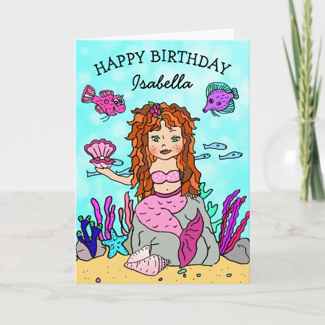 Red Haired  Mermaid Happy Birthday Card (Front)