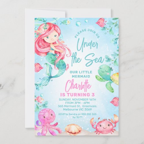 Red Haired Mermaid Octopus Under the Sea Birthday Invitation