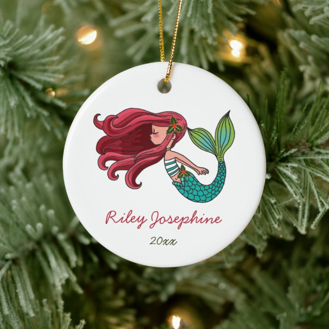 Red Haired Mermaid Personalized Redhead Ginger Ceramic Ornament (Tree)
