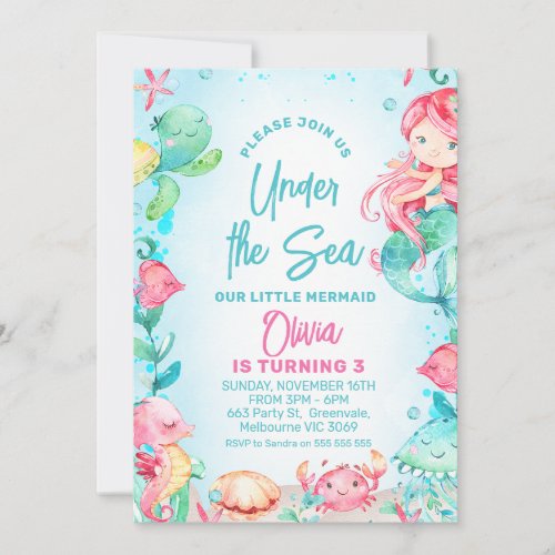 Red Haired Mermaid Under the Sea Birthday Invitation