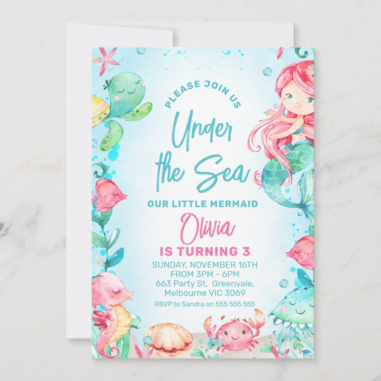 Red Haired Mermaid Under the Sea Birthday                    Invitation