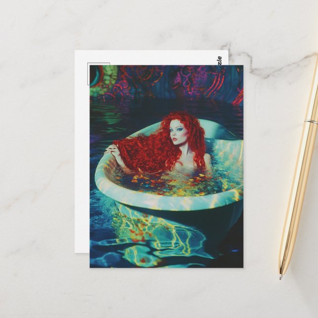 Red Haired Mermaid Woman in a Bathtub Postcard (Front/Back In Situ)