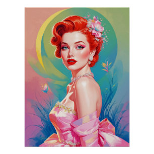 Red-Haired Pin-Up in Pink Floral Gown Poster