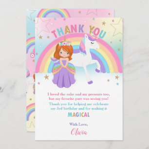 Red Haired Princess and Rainbow Unicorn Birthday Thank You Card