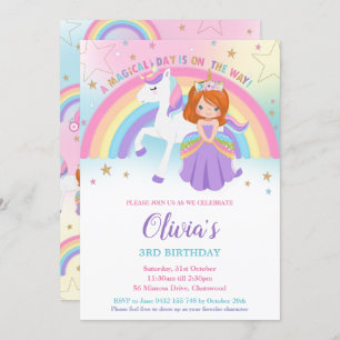 Red Haired Princess Unicorn Birthday Rainbow Invitation