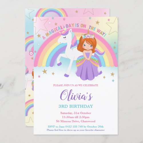 Red Haired Princess Unicorn Birthday Rainbow    Invitation