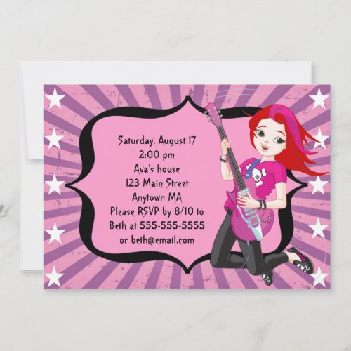 Red Haired Rock Star Girl Birthday Invitation