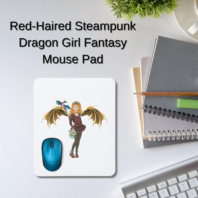 Red-Haired Steampunk Dragon Girl Fantasy  Mouse Pad (Steampunk dragon girl with dragonet companion)
