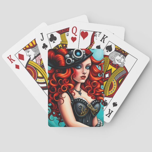 Red Haired Steampunk Woman Poker Cards (Back)