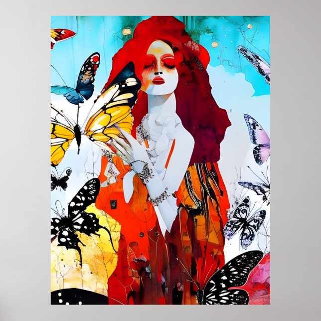 Red Haired Woman and Butterflies Mixed Media Poster (Front)