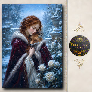 Red Haired Woman Holding Fox In Winter Garden Tissue Paper