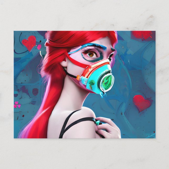 Red Haired Woman in a Gas Mask AI Art Postcard (Front)