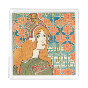 Red Haired Woman Orange Lilies Vintage Art Print Acrylic Tray