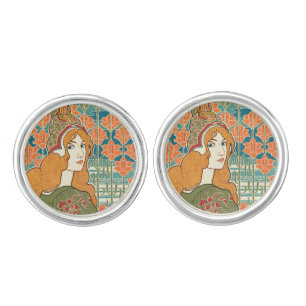 Red Haired Woman Orange Lilies Vintage Art Print Cufflinks