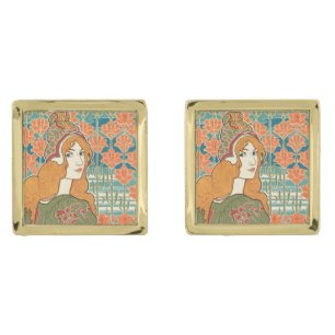 Red Haired Woman Orange Lilies Vintage Art Print Cufflinks