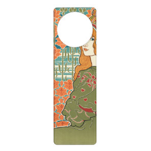 Red Haired Woman Orange Lilies Vintage Art Print Door Hanger