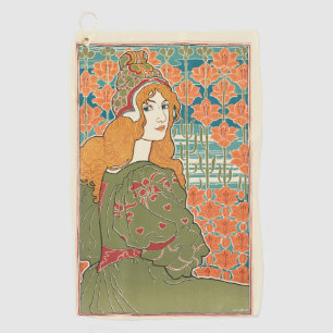 Red Haired Woman Orange Lilies Vintage Art Print Golf Towel