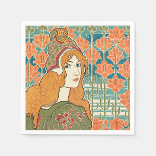 Red Haired Woman Orange Lilies Vintage Art Print Napkins