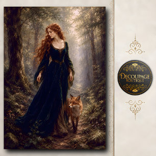 Red Haired Woman Walking With Fox In Forest Tissue Paper