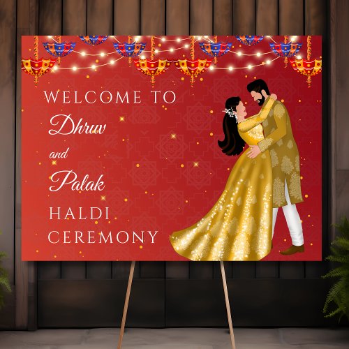 Red Haldi umbrella couple welcome sign