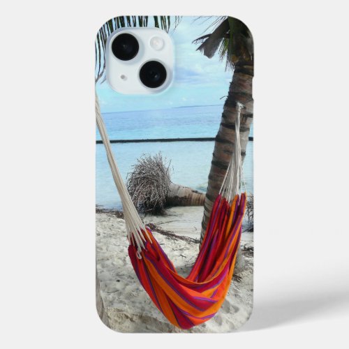 Red Hammock Between Palms Caribbean Beach iPhone 15 Case