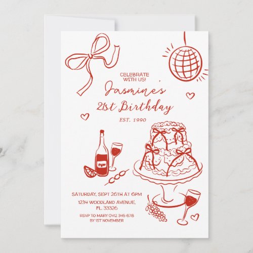 Red Hand Drawn 21st 30th40th50th Birthday  Invitation