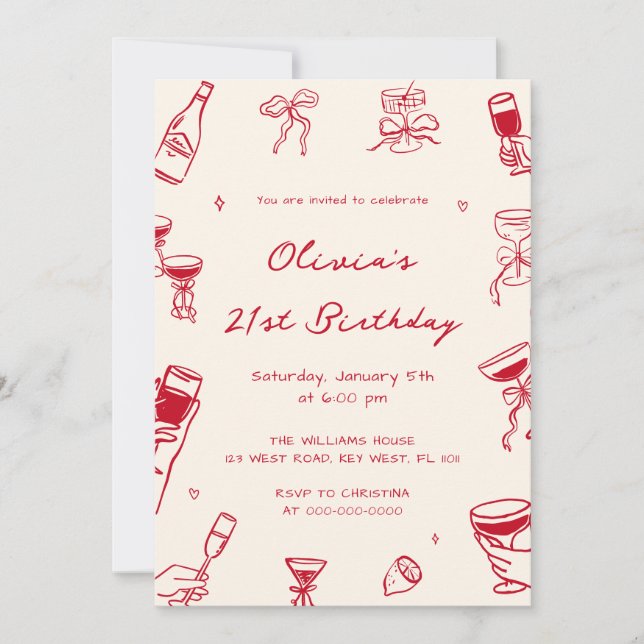 Red Hand Drawn Adult Birthday Party Invitation (Front)