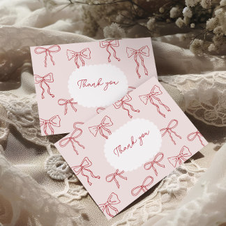 Red Hand Drawn Boho Bows Pink Baby Shower Thank You Card