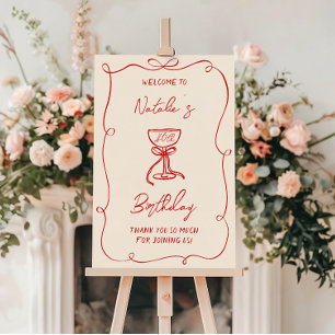 Red Hand Drawn Bow Champagne 40th Birthday Welcome Foam Board