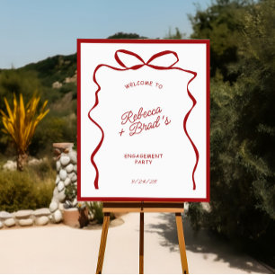 Red Hand Drawn Bow Engagement Party Welcome Sign