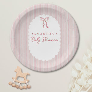 Red Hand Drawn Bow Pink Girl Baby Shower Paper Plates
