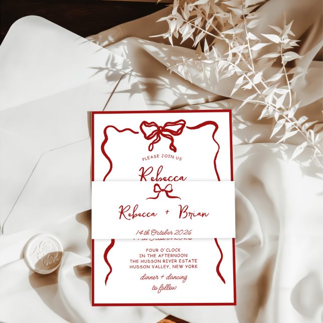 Red Hand Drawn Bow Ribbon Sketch Wedding Invitation Belly Band (Creator Uploaded)