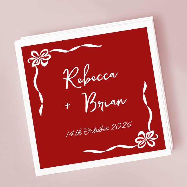 Red Hand Drawn Bow Ribbon Sketch Wedding Napkins (Creator Uploaded)