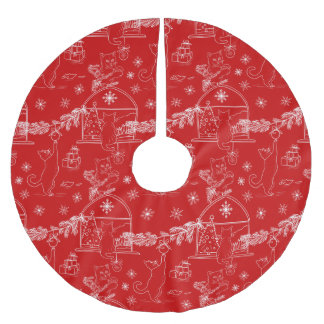 Red Hand drawn cats & Christmas tree Brushed Polyester Tree Skirt