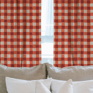 Red Hand-Drawn Checkered Plaid Sheer Curtains