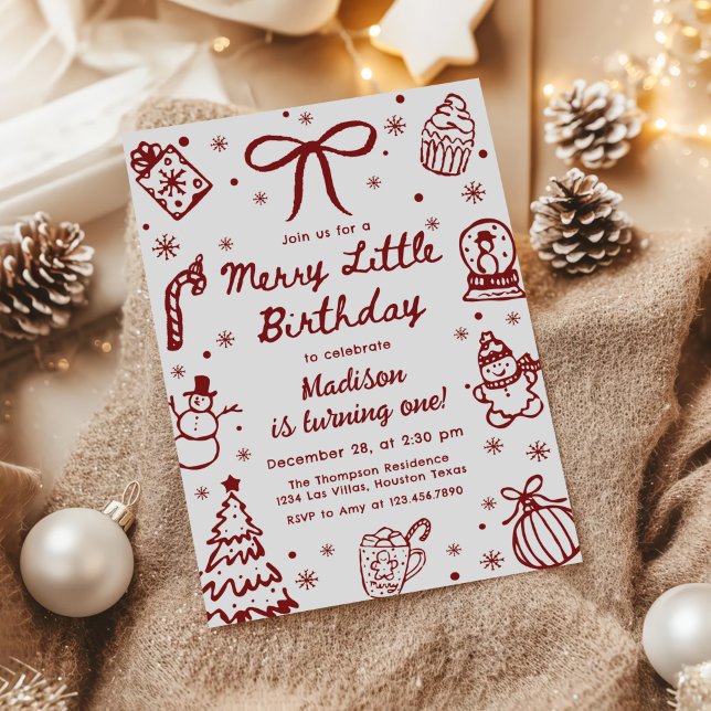 Red Hand Drawn Christmas Merry Little Birthday Invitation (Creator Uploaded)