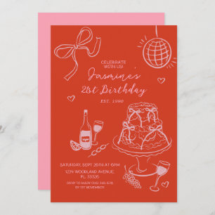 Red Hand Drawn Cute Pink Birthday Invitation