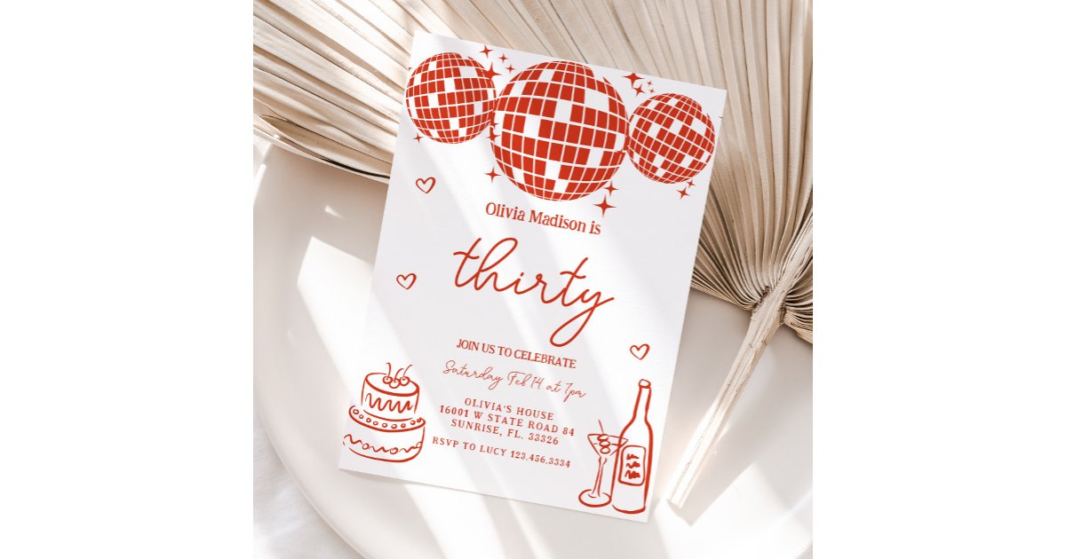 Ruby Ball Invite Red Hand Drawn Disco Ball Birthday Party Invitation | Zazzle