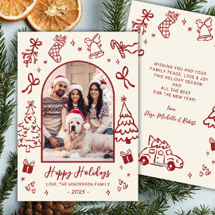 Red Hand-Drawn Doodle Arch Photo Christmas Happy Holiday Card