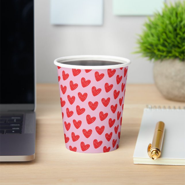 Red Hand-Drawn Doodle Hearts Pattern on Pastel Pin Paper Cups (Insitu)