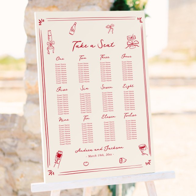 Red Hand Drawn Doodle Wedding Seating Chart Foam Board (Creator Uploaded)