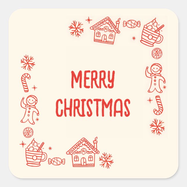 Red Hand Drawn Doodle Whimsical Merry Christmas  Square Sticker (Front)