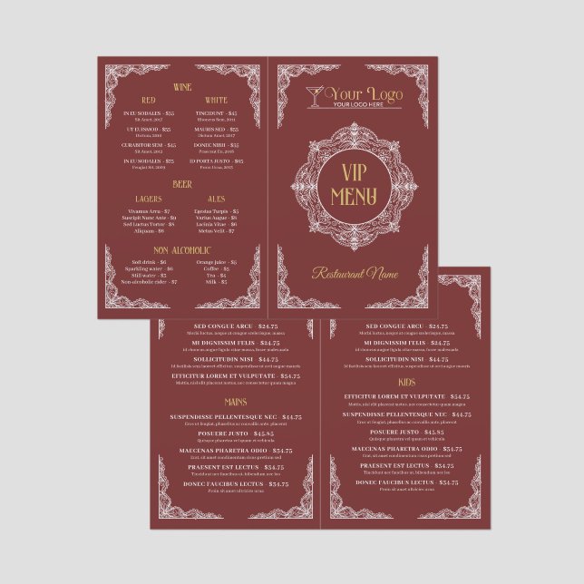 Red Hand-drawn Elegant Ornate Your Logo VIP Menu (Folded Front/Back)