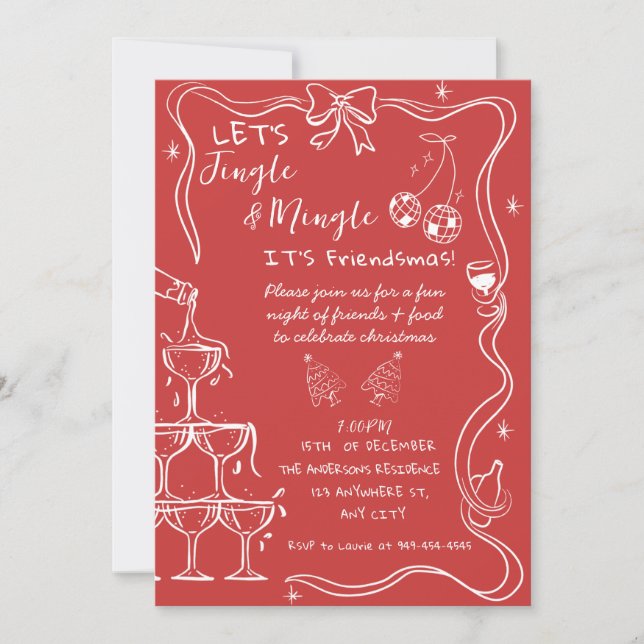 Red Hand Drawn Festive Friendsmas Christmas Party Invitation (Front)