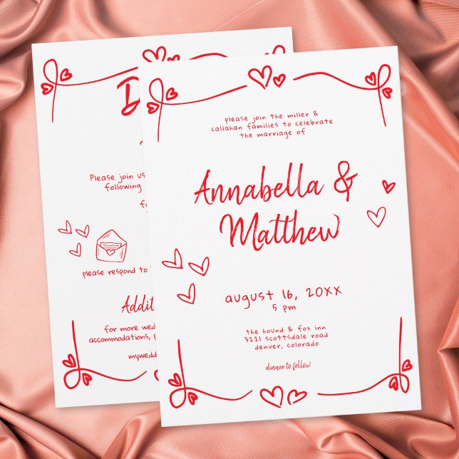 Red Hand Drawn Heart Whimsical Modern Wedding  Invitation (Red Hand Drawn Heart Whimsical Modern Wedding Invitation)